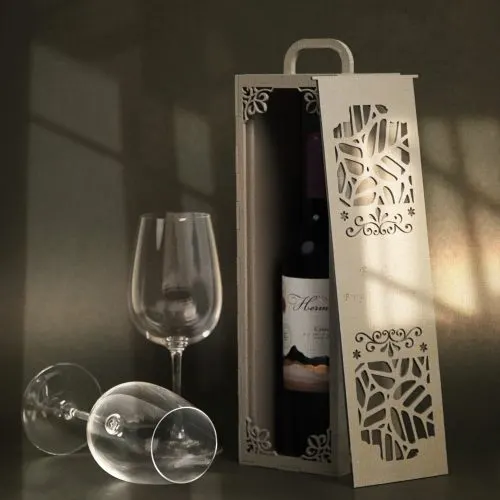 Decorative laser-cut wine bottle box with sliding front panel