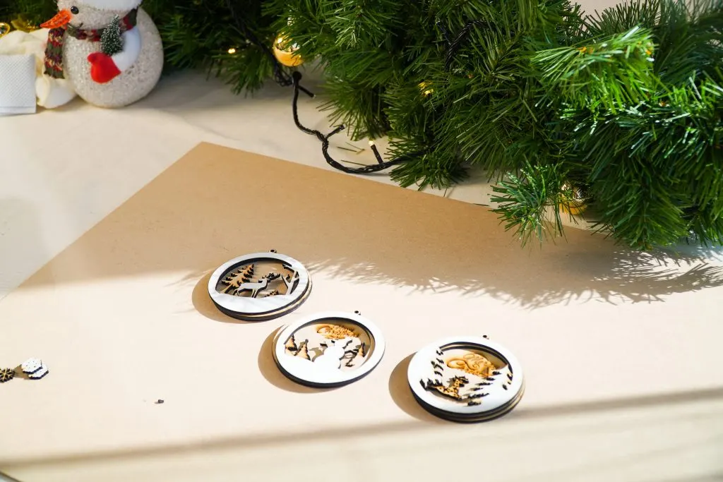 Close-up of a multi-layer laser-cut ornament