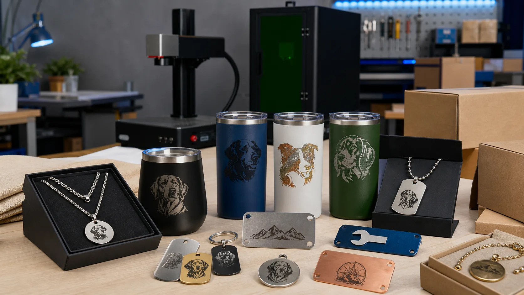 Assorted laser-marked tumblers, jewelry, tags, and metal signs displayed in a customization workshop