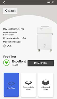 Beam Air Pro filter dashboard