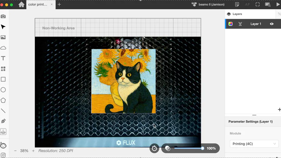 beamo II作業エリア内の猫の作品を映すカメラプレビュー