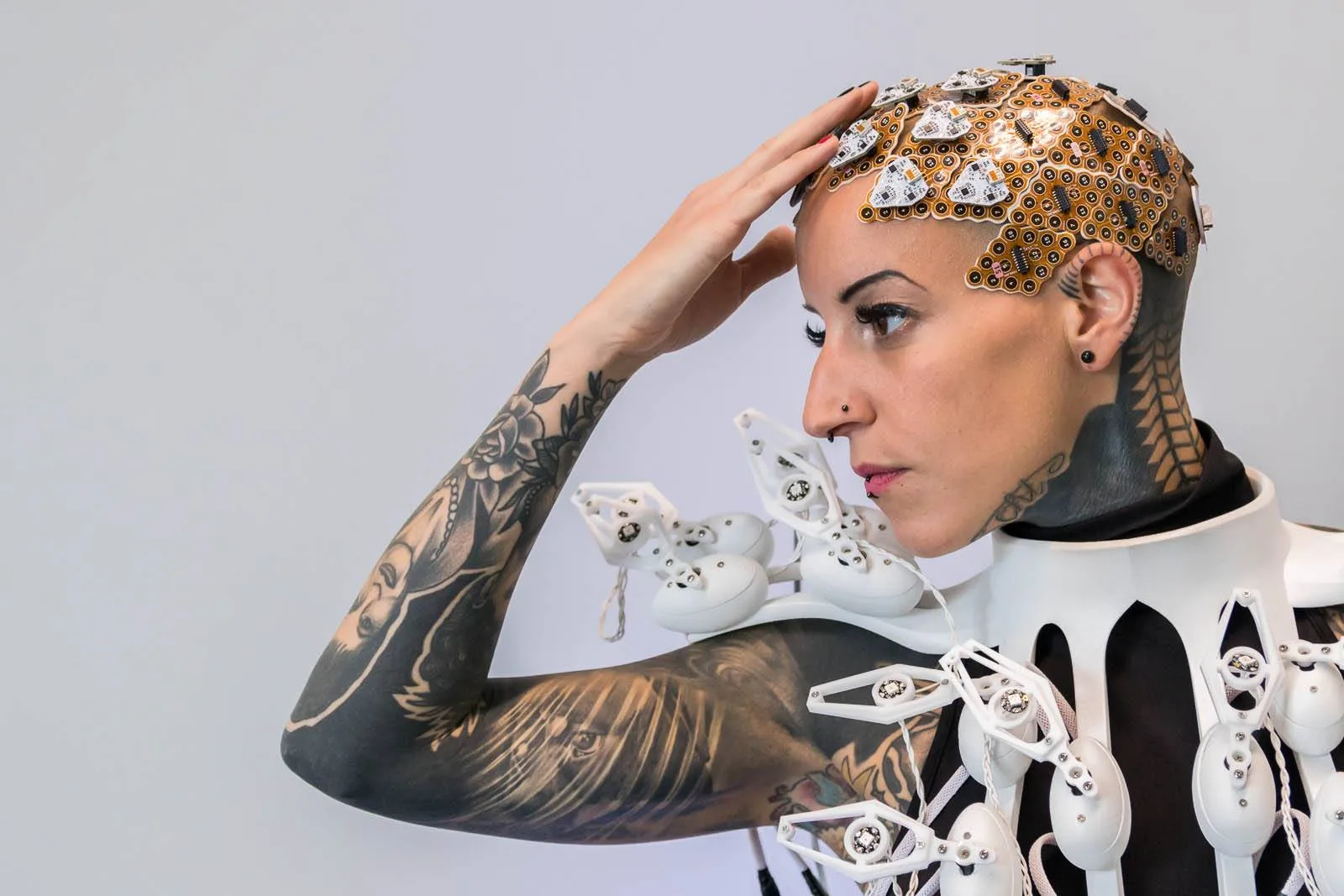 Fashion engineer Anouk Wipprecht wearing the Pangolin dress and brain-computer interface