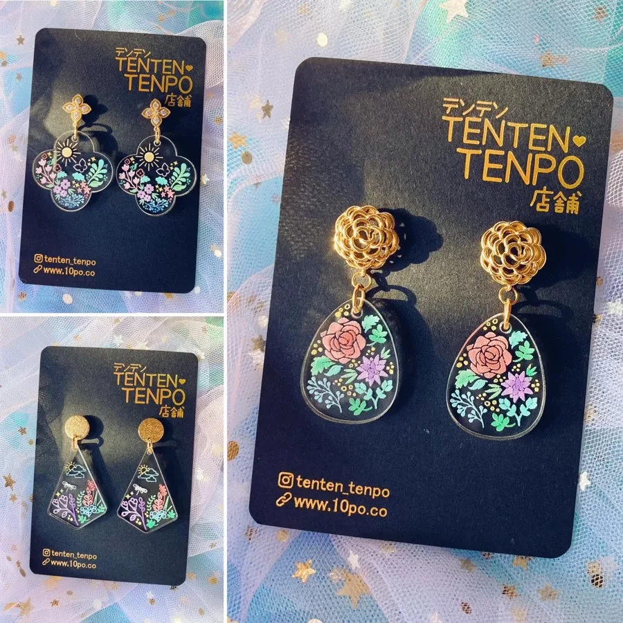 Tenten Tenpo acrylic earrings filled with pastel garden illustrations