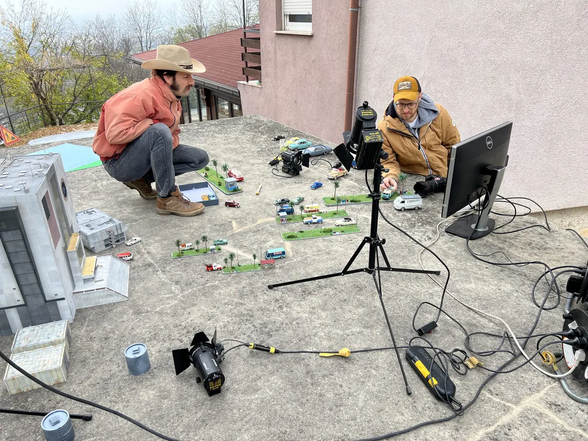 The Splashback crew filming the miniature buildings