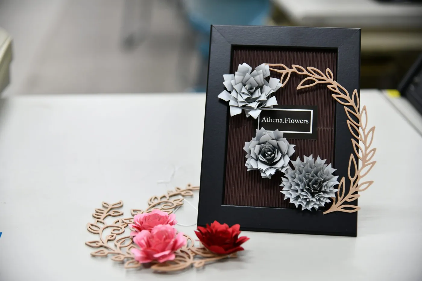 Student-designed floral rubber stamps and their printed results